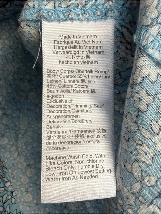 J Crew Blue Floral Smocked Button Up Blouse XXL Linen Cotton Puff Sleeve Shirt - Picture 3 of 15